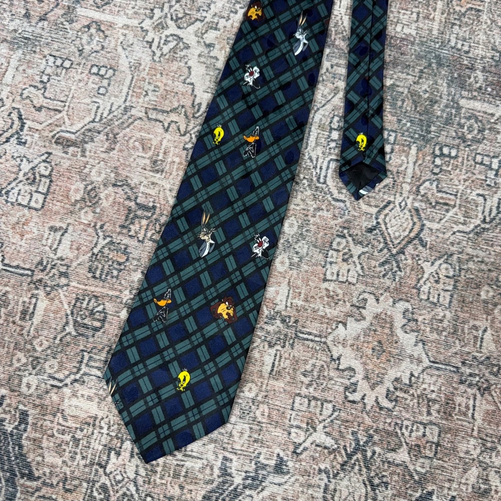 Vintage 1995 Looney Tunes Mania Plaid Necktie Bugs Bunny Daffy Duck Green Navy